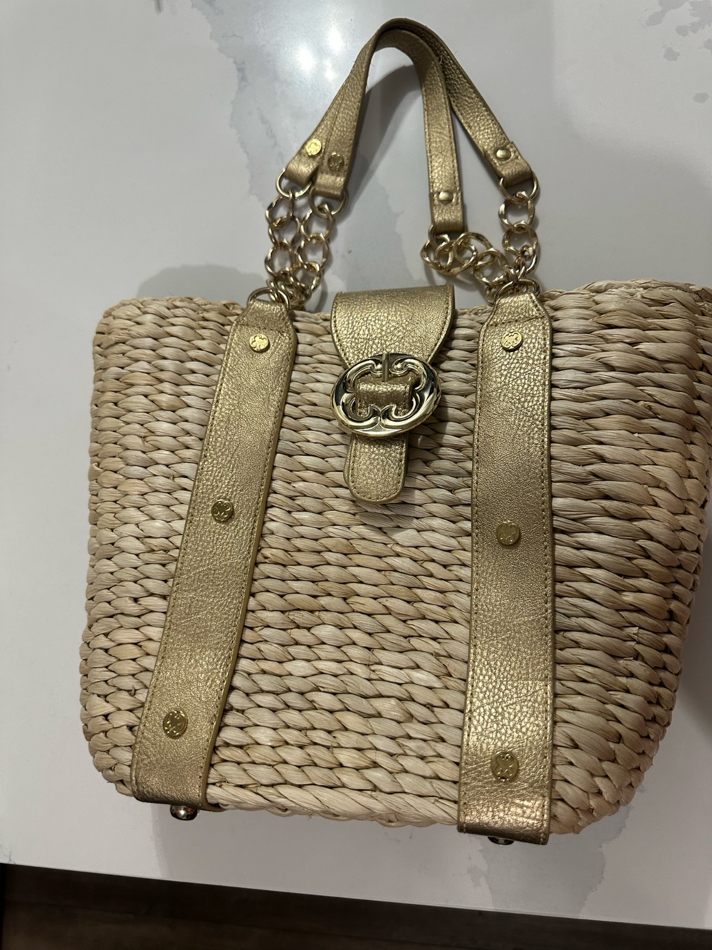 Emma Fox Gold-Trim Woven Straw Shoulder Bag - Designer-Inspired